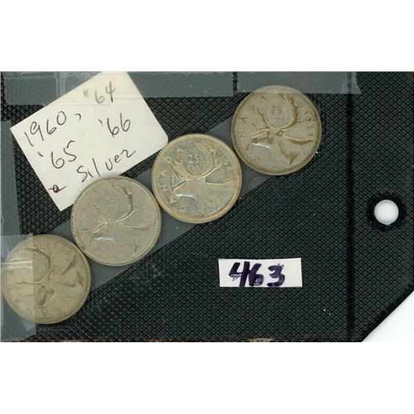 463  CANADA  1960,’64,’65,’66  25 CENT SILVER