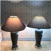 Image 2 : #532: Pair of matching gray lamps with shades. Lamps have a flower design. One shade is stained on t