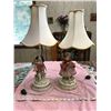 Image 1 : #541:  Pair of male and female figurine bedroom lamps with shades. Male fair condition has chipped f