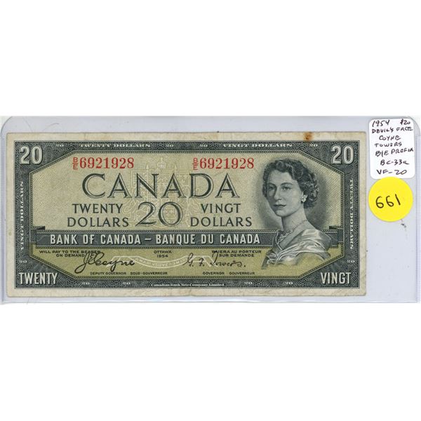 1954 Canadian Twenty Dollar. (Devil's Face)