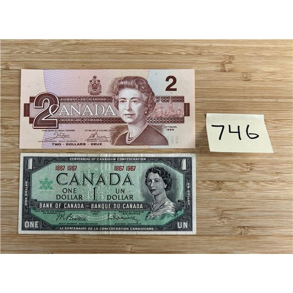 Canadian $2 and $1 bills.