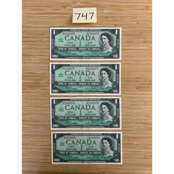 4 in sequence Canadian Centennial $1 bills excellent condition