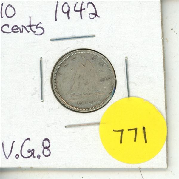 1942 Canada Silver 10 Cents Coin.