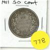 Image 1 : 1911 Canada Silver 50 Cents Coin.