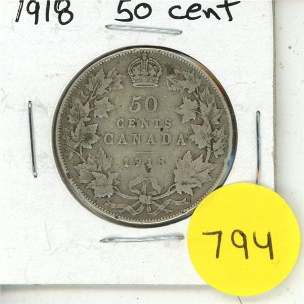 1918 Canada Silver 50 Cents Coin.