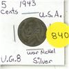 Image 1 : 1943 U.S.A. Five Cents Coin - War Nickel Silver.
