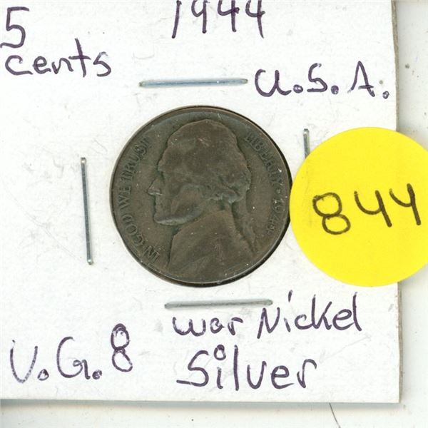 1944 U.S.A. Five Cents Coin - War Nickel Silver.