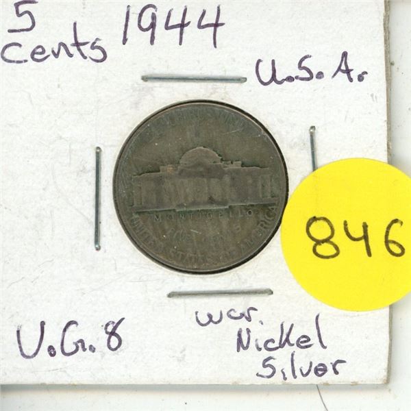 1944 U.S.A. Five Cents Coin - War Nickel Silver.