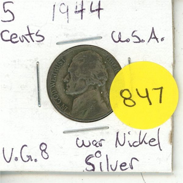 1944 U.S.A. Five Cents Coin - War Nickel Silver.