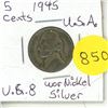 Image 1 : 1945 U.S.A. Five Cents Coin - War Nickel Silver.