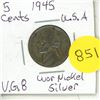 Image 1 : 1945 U.S.A. Five Cents Coin - War Nickel Silver.