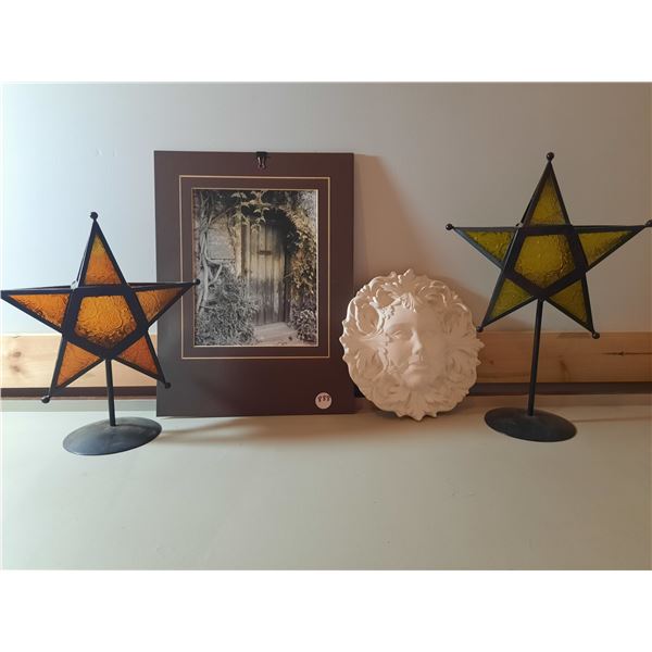 Matted Door Photo, Plaster Face Wall Décor, Star Tealight Holders
