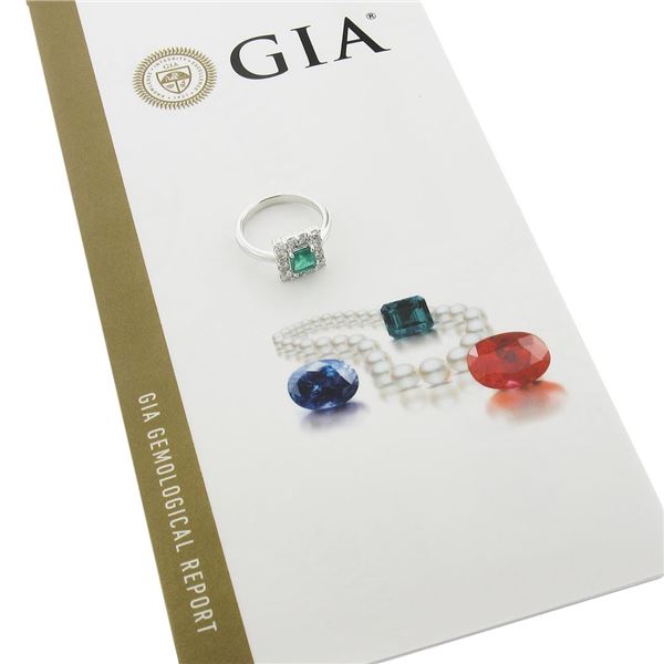 NEW Platinum 1.51 ctw GIA Colombian Green Emerald w/ Diamond Halo Cocktail Ring