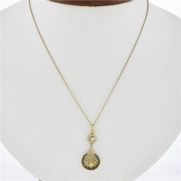 Antique Gold 0.14 ctw Diamond Open Work Floral Drop Dangle Lavalier Pendant