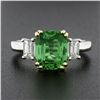 Image 3 : NEW Platinum & 14k Gold 4.39 ctw GIA Cushion Tsavorite & Emerald Cut Diamond Rin