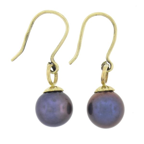 Classic 14k Yellow Gold 8.3mm Round Gray Tahitian Pearl Dangle Hook Earrings