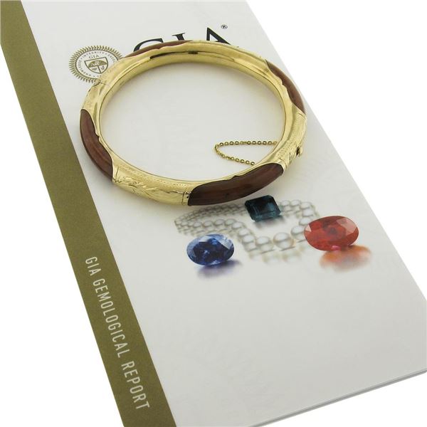 Vintage 14k Gold GIA Arc Shape Orangy Brown Jade w/ Floral Work Bangle Bracelet