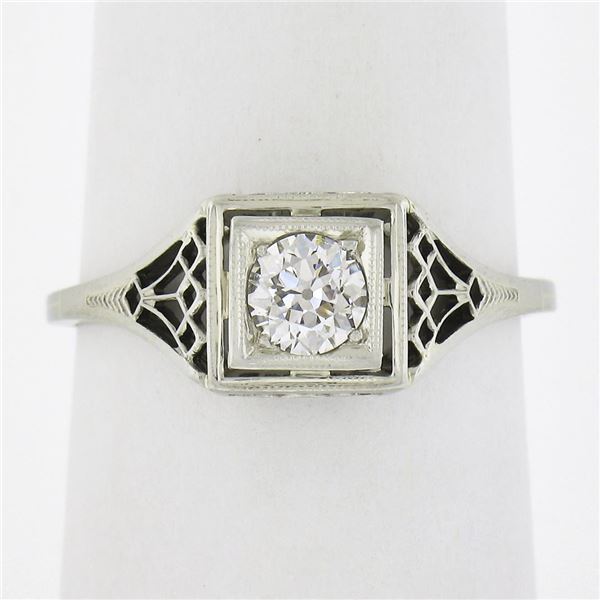 Antique Art Deco Belais 18K Gold Old European Diamond Squared Filigree Work Ring