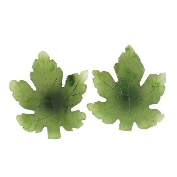 14K Yellow Gold Leaf Carved Green Jade Floral Stud Earrings W/ Butterfly Closure