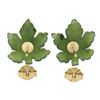 Image 4 : 14K Yellow Gold Leaf Carved Green Jade Floral Stud Earrings W/ Butterfly Closure