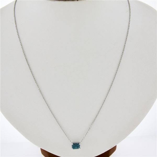 New 14K White Gold Rectangular Cut Prong Blue Zircon Solitaire Pendant & Chain