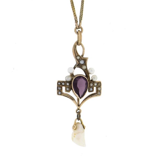 Antique 10K Gold Amethyst Seed Pearl Dangle Lavalier Pendant w/ 15" Wheat Chain