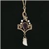 Image 2 : Antique 10K Gold Amethyst Seed Pearl Dangle Lavalier Pendant w/ 15" Wheat Chain