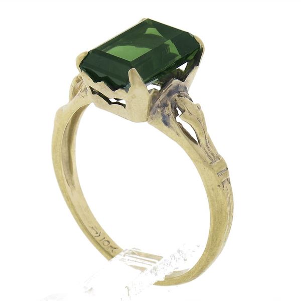 Vintage 10K Yellow Gold 2.64 ctw Emerald Cut Green Tourmaline Solitaire Band Rin