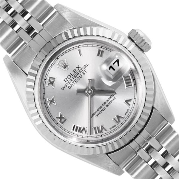 Rolex Ladies Stainless Steel Silver Roman 18K White Gold Fluted Bezel Datejust