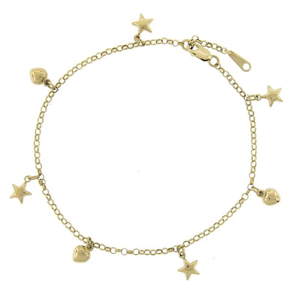 14k Yellow Gold Puffed Stars & Hearts Adjustable Rolo Link Ankle Bracelet Anklet