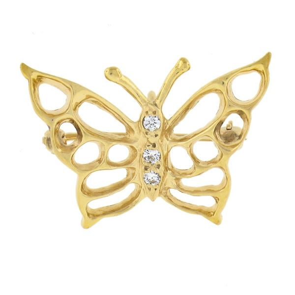 14k Gold 0.09 ctw Diamond Polished Butterfly w/ Open Work Wings Brooch Pin Penda