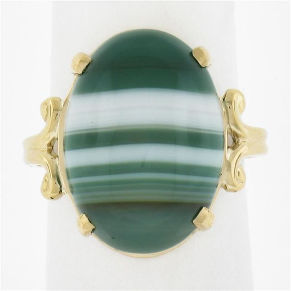 New 14k Yellow Gold 18.2x13mm Oval Cabochon Prong Set Green Agate Solitaire Ring