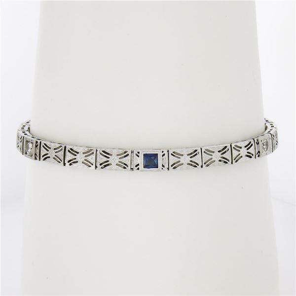 Antique Art Deco Platinum White Gold Diamond Sapphire Open Filigre Bracelet