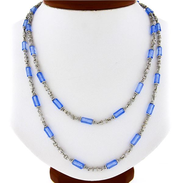 Judith Ripka 18K Gold Blue Topaz Faceted Tube w/ Diamond 36" Long Chain Necklace