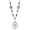 Image 2 : Antique Art Deco White Gold Camphor Glass & Chrysoprase Filigree Drop Necklace