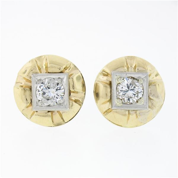 Unique Vintage 14k TT Gold 0.94 ctw Diamond Domed Grooved Button Stud Earrings