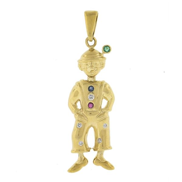 Vintage 18K Gold Emerald Sapphire Ruby & Diamond Moveable Clown Charm Pendant