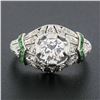 Image 3 : Antique Art Deco Plat GIA European Diamond & Emerald Mil grain Etched Domed Ring