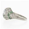 Image 7 : Antique Art Deco Plat GIA European Diamond & Emerald Mil grain Etched Domed Ring