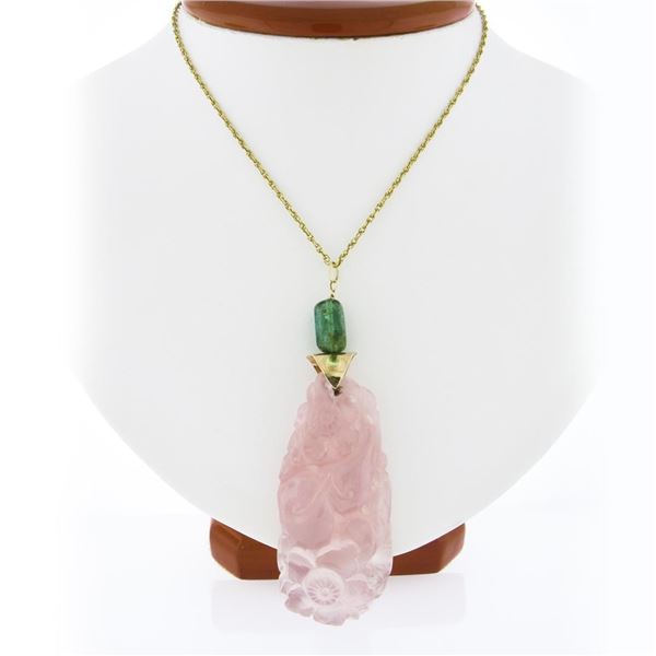 14k Gold GIA Large Floral Carved Rose Quartz w/ Green Tourmaline Pendant & Chain