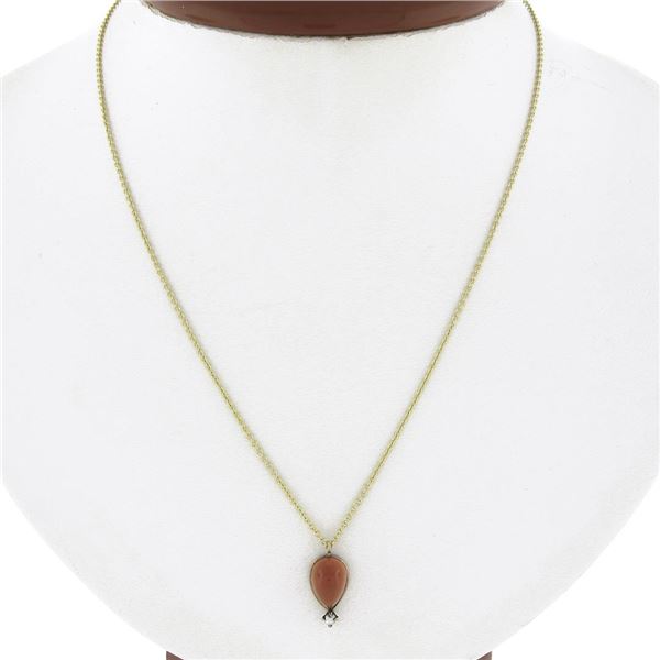 Antique 14k Yellow Gold Pear Cabochon Carnelian & Seed Pearl Pendant w/ Chain
