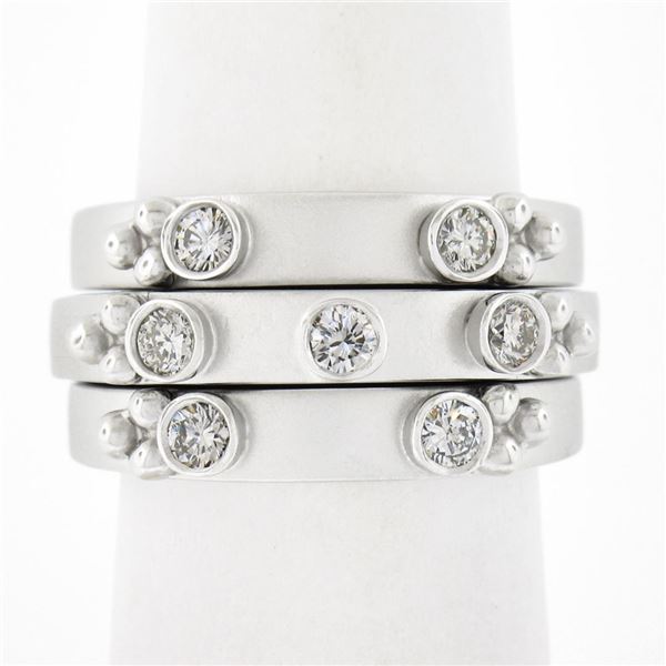 (3) New 14K Gold Puzzle Matte Finish Stack Band Rings W/ 0.46 ctw Bezel Diamonds