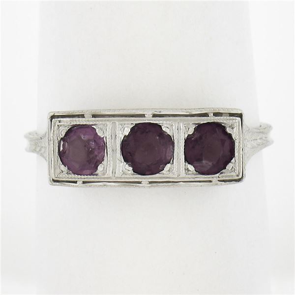 Antique Edwardian Platinum Rhodolite Garnets Filigree Wheat Work 3 Stones Ring