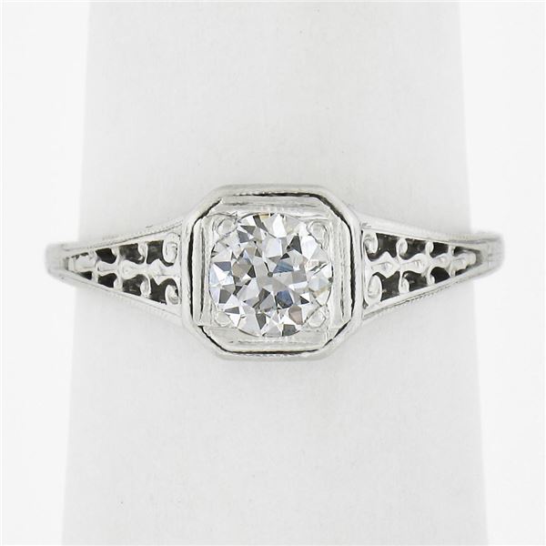Antique Edwardian Platinum 0.47 ctw Old European Diamond Filigree Engagement Rin