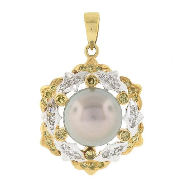 18k TT Gold 11mm Gray Tahitian Pearl w/ 0.66 ctw White & Yellow Diamond Pendant
