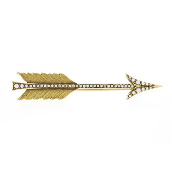 Antique Art Nouveau Solid 14k Yellow Gold Detailed Seed Pearl Arrow Pin Brooch