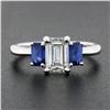 Image 2 : New Platinum 1.71 ctw GIA Emerald Cut Diamond & Sapphire 3 Stone Engagement Ring
