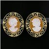 Image 2 : Vintage 14K Yellow Gold Oval Carved Shell Cameo Open Wire Frame Stud Earrings