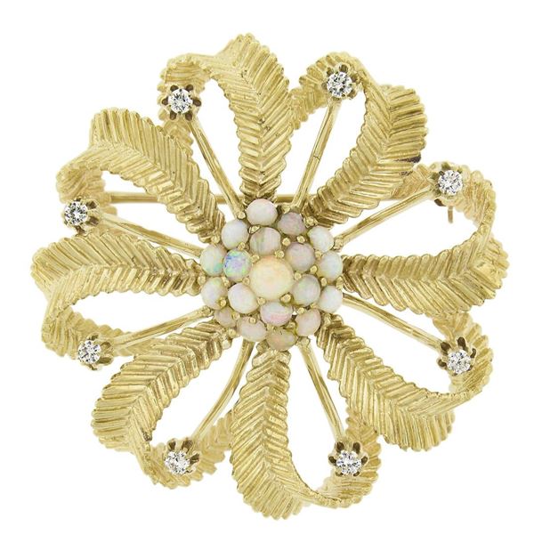 Vintage 14k Yellow Gold 0.28 ctw Diamond & Opal Textured Swirl Flower Pin Brooch