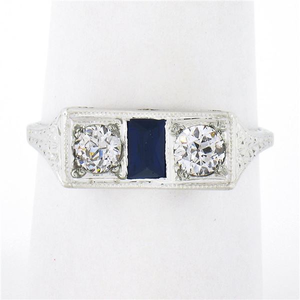 Antique Art Deco 20k Gold .45 ctw European Diamond & Sapphire Moi et Toi Band Ri